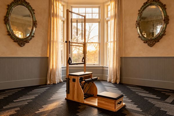 A sunlit home gym centers on a wooden Pilates chair with tower, placed in a curved bay window framed by tall mullioned panes. Sheer linen curtains filter golden light across gray beadboard wainscoting and warm plaster walls. Two ornate, patinated mirrors flank the nook. The floor is black and charcoal rubber tile laid in a chevron pattern, grounding the natural oak equipment with black pads and metal springs.