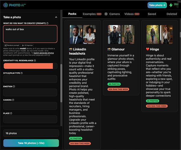 The image displays a user interface for a photo generation tool with various options and prompts.