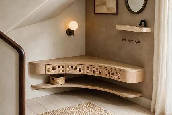 A compact Organic Modern mudroom with a curved built-in oak bench featuring cane-front drawers and an open lower shelf. The space has warm beige plaster walls, a round globe wall sconce, a small stone floating shelf with dark faucet-like hardware, a woven basket, and a soft natural rug.