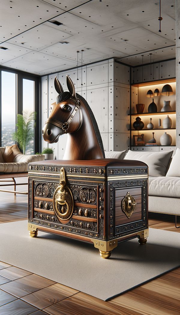 A beautiful mule chest with intricate carvings and brass fixtures, placed in a contemporary living room setting.