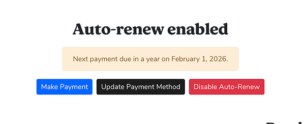 The image displays a user interface confirming that auto-renewal is enabled for a service.