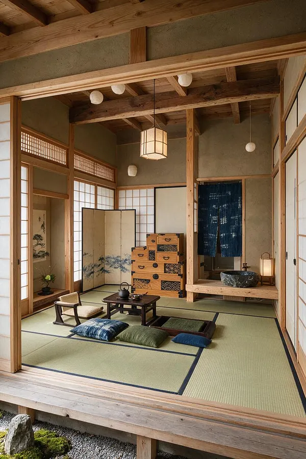 A Japanese Zen-style powder room with tatami mat flooring, exposed wood beams, shoji screens, and soft lantern lighting. A low tea table with floor cushions sits in the center, while a dark stone basin and indigo noren curtain add calm, traditional character.
