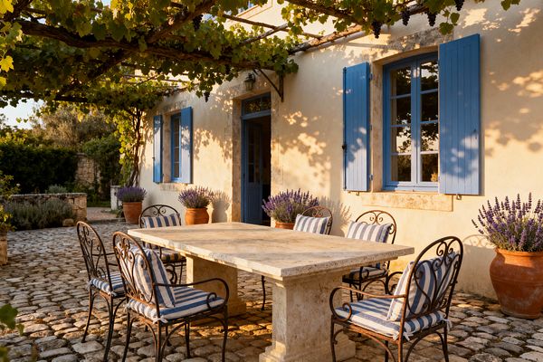 A sunlit French country patio features a rectangular limestone table surrounded by six wrought-iron armchairs with blue-and-white striped cushions on cobblestone paving beneath a grapevine pergola casting dappled shade. Cream stucco walls with cornflower-blue shutters and a matching door framed in stone are flanked by terracotta pots filled with lavender, with a rustic wall lantern above the entry completing the relaxed Provençal dining scene.