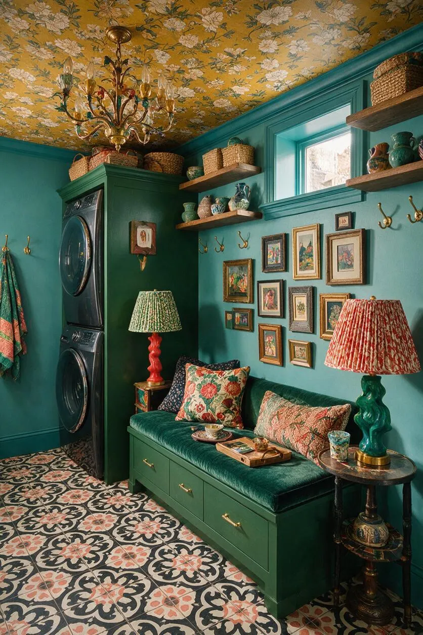 A colorful basement laundry room with teal walls, a floral ceiling, patterned tile floor, and stacked washer and dryer built into a green cabinet. The space is filled with eclectic decor, including framed art, woven baskets, shelves with pottery, velvet seating, and ornate lamps.