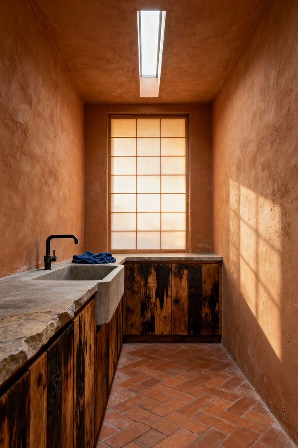 A narrow Wabi-Sabi kitchen with warm terracotta plaster walls and a herringbone terracotta tile floor. An L-shaped run of charred wood cabinetry supports a rough-edged cast-concrete countertop with an integrated sink and matte black faucet. Natural light pours through a translucent shoji screen window and a slim skylight, casting a grid of soft shadows across the walls; a single blue cloth rests on the counter, emphasizing the room’s minimal, handcrafted aesthetic.