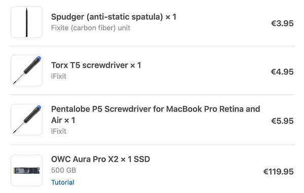 The image displays a list of tools and a hard drive for repairing a MacBook Pro.