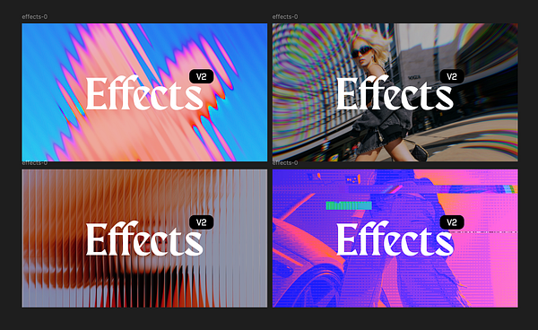 Four banner designs showcasing various visual effects with the text 'Effects V2' centered on each.