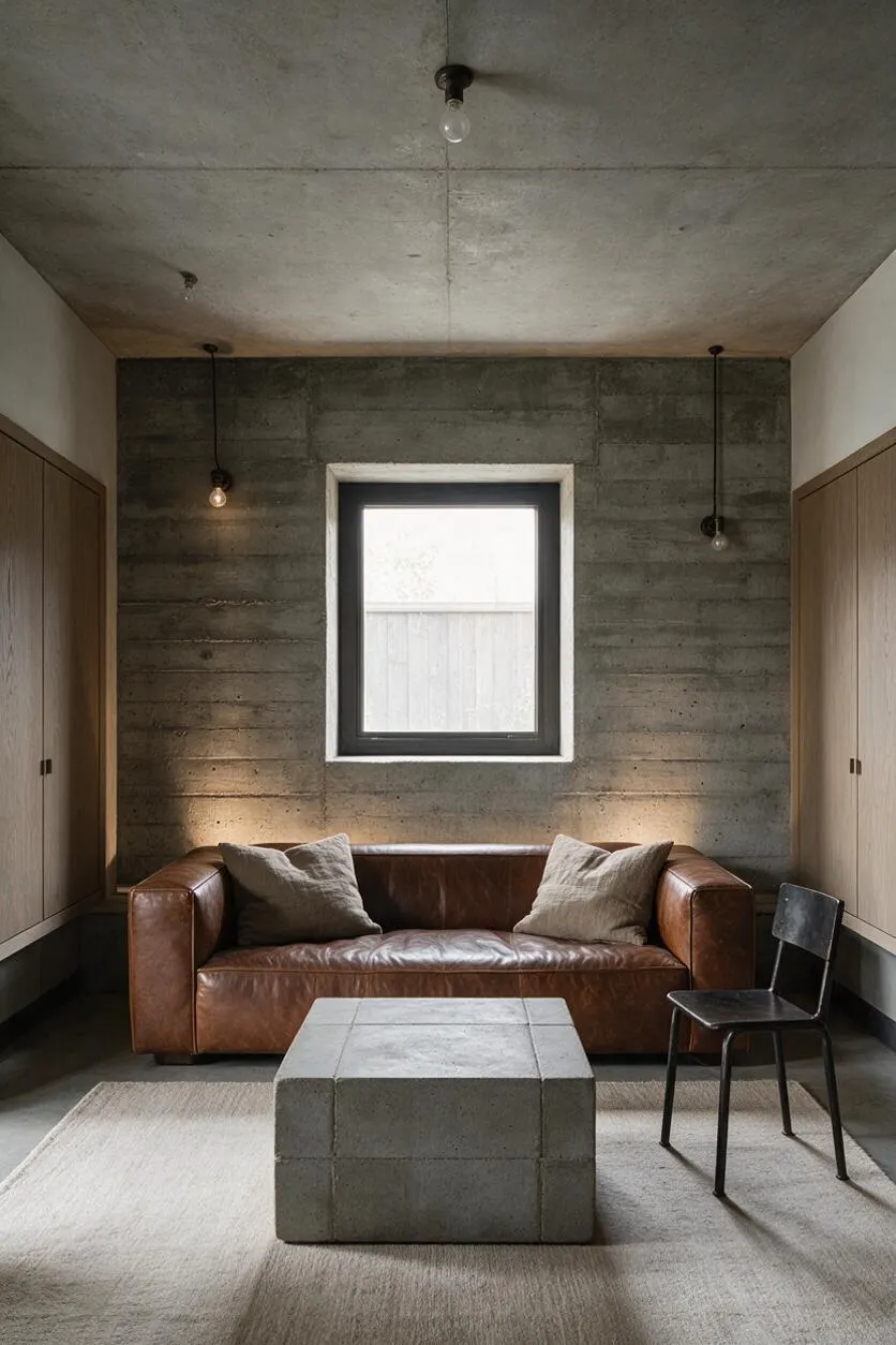 A compact media room with raw concrete walls and ceiling, a brown leather sofa, a blocky concrete coffee table, and a black metal chair. Light wood built-in cabinets flank a small centered window, while exposed bulb pendants add a minimalist industrial feel.
