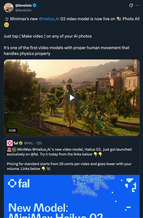 A promotional tweet showcases the new Hailuo-02 video model by MiniMax, featuring a video of a woman walking through a garden.