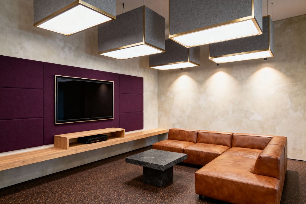 Contemporary media room featuring an L-shaped cognac leather sectional surrounding a square black stone coffee table on dark cork flooring. A wall-mounted TV sits within large plum acoustic fabric panels above a continuous floating oak media shelf. Multiple oversized rectangular gray felt pendant light boxes with brass edges hang from the ceiling, while textured beige plaster walls and subtle wall-washer spotlights create a warm, evenly lit atmosphere designed for comfort and sound control.