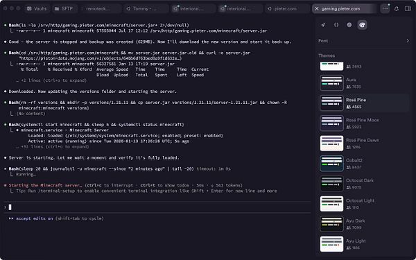 Terminal window showing shell script code for automating Minecraft server updates