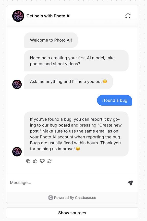 A chat interface for the Photo AI support bot, providing assistance and bug reporting instructions.