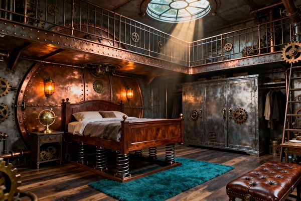 A steampunk bedroom with riveted copper walls, exposed pipes, and large cog gears sits beneath a metal mezzanine. A round skylight sends sunbeams onto a walnut bed raised on heavy coil springs, flanked by amber cage sconces, a brass globe on an iron nightstand, a distressed steel wardrobe with gear details, a teal shag rug over reclaimed wood flooring, and a tufted brown leather bench, creating a warm, industrial atmosphere.