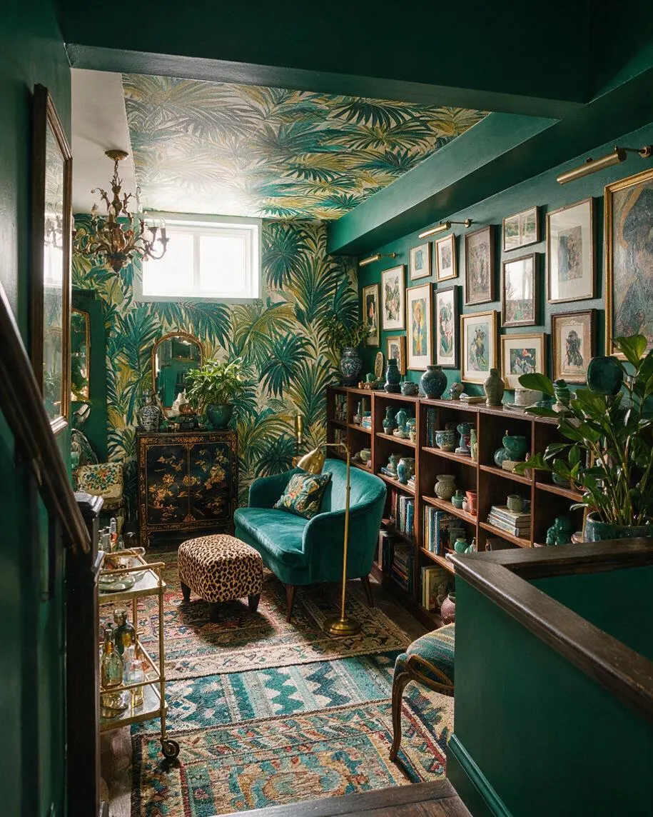 A compact basement lounge filled with maximalist decor, featuring palm-print wallpaper and matching ceiling treatment, deep green painted walls, framed art salon-style, and layered patterned rugs. A teal velvet chair, leopard-print ottoman, dark chinoiserie cabinet, brass lighting, and open shelving packed with decorative objects create a richly textured, jewel-toned space.