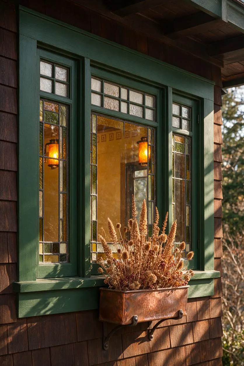 A Craftsman-style exterior window with dark green trim, divided-light glass panels, and warm amber interior light glowing behind textured glass. A small copper planter filled with dried grasses is mounted below the window on cedar shingle siding.