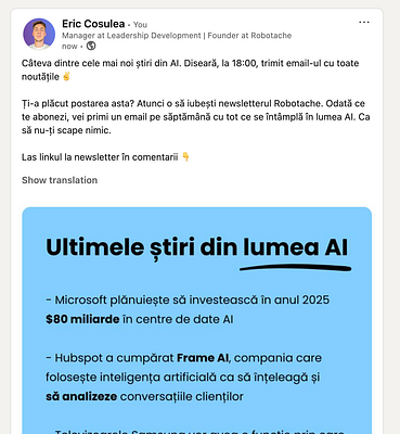 A LinkedIn post by Eric Cosulea discussing recent AI news and promoting a newsletter.