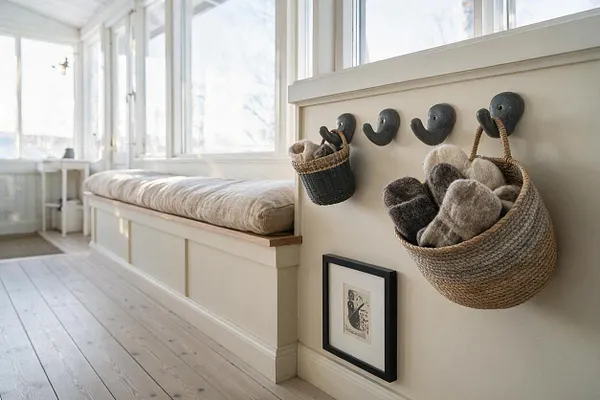 A bright Scandinavian-style front porch with white-painted walls, large windows, and a built-in bench with a cushioned seat. On the wall are dark hooks holding woven baskets filled with wool slippers, alongside a framed print and light wood flooring.