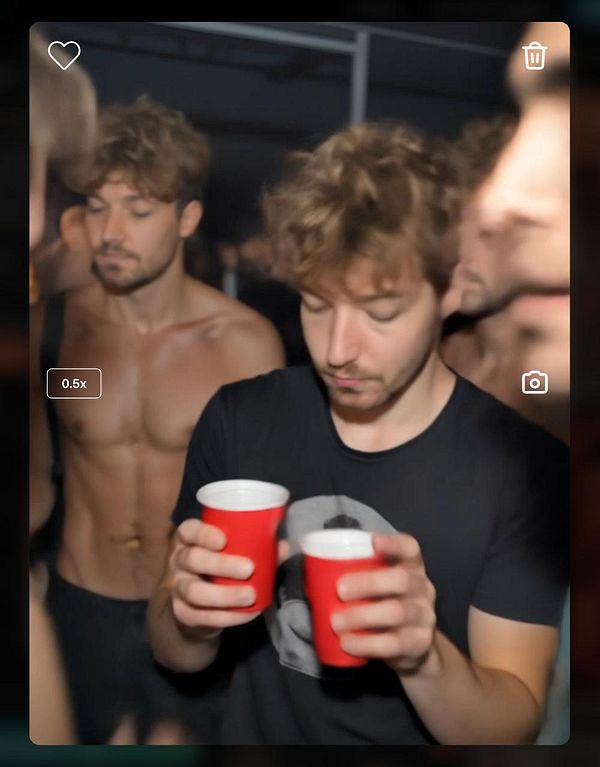 A party scene featuring two men, one holding two red cups, with a blurred background.