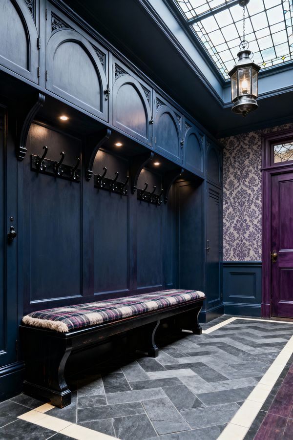 A richly detailed mudroom features deep navy built-in lockers with arched cabinet doors, carved brackets, and rows of black iron hooks. A long bench with a plaid wool cushion sits above a dark gray stone herringbone floor edged with a light border. To the right, purple damask wallpaper rises above matching wainscoting and an aubergine door. Overhead, a large leaded-glass skylight and a hanging lantern cast light onto the cabinetry and integrated downlights.