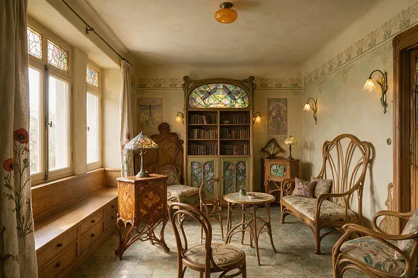 A warm Art Nouveau living room with curving wooden furniture, floral upholstery, and a central bookcase topped by colorful stained glass. Tall windows with decorative glass panels bring in daylight, while wall sconces, a Tiffany-style lamp, and botanical mural details create an ornate, romantic atmosphere.