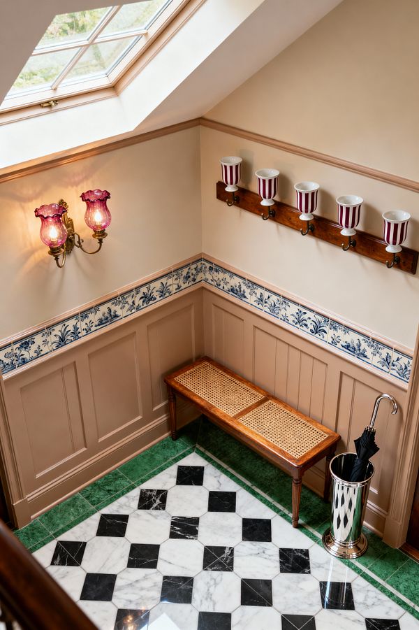 Overhead view of a Victorian-style mudroom lit by a skylight, with cream walls, taupe paneled wainscoting, and a blue-and-white floral tile border. A black-and-white marble checkerboard floor framed in green marble sits beside a stained wood bench with a cane seat, a wooden rail with brass hooks and striped ceramic pots, a polished metal umbrella stand holding black umbrellas, and a brass wall sconce with purple glass shades.