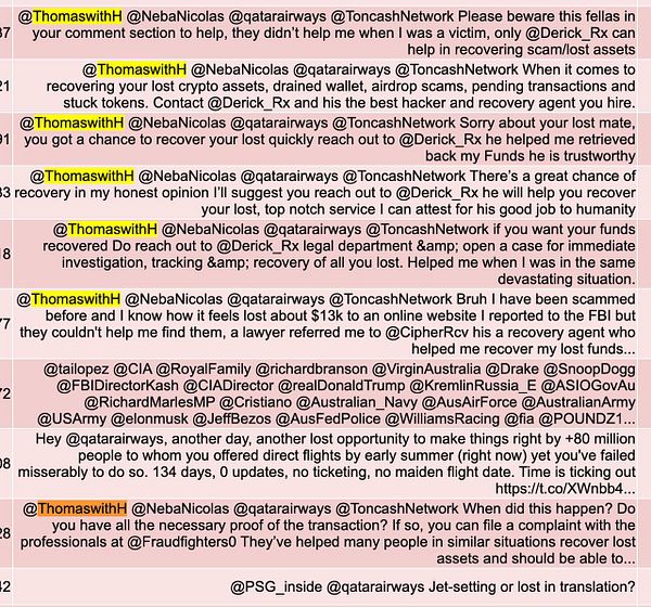 The image displays a series of tweets discussing issues related to lost cryptocurrency and recovery efforts.