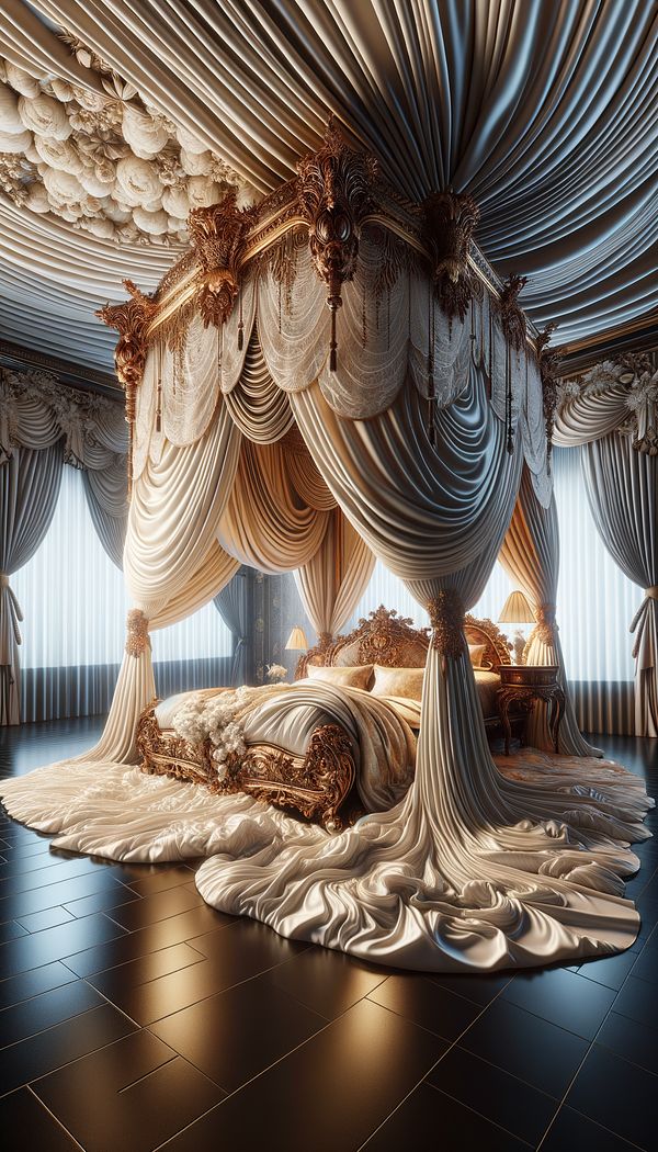 An elegant bedroom featuring a luxurious bed with a billowing silk bed canopy suspended from the ceiling.