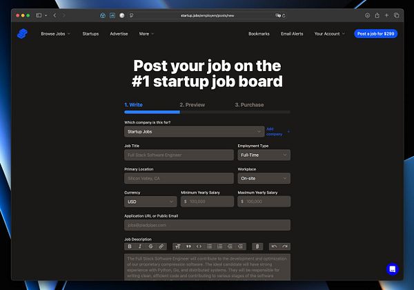 The image displays a dark mode interface for posting a job on a startup job board.