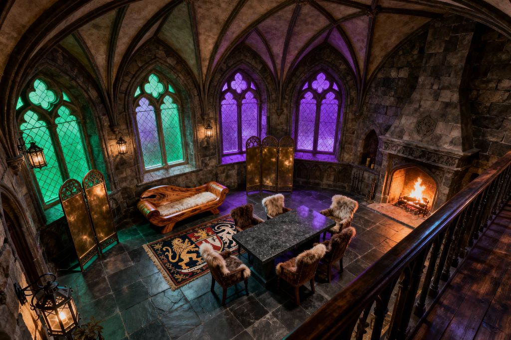 A dramatic Gothic living room features a rib-vaulted ceiling, pointed-arch windows with emerald and violet stained, leaded glass, and a large carved stone fireplace with a roaring fire. Slate floors anchor a dark stone table surrounded by leather chairs draped with sheepskin, a carved wood chaise with a fur throw, a heraldic rug, wrought-iron lanterns, and gilded folding screens that glow softly against weathered gray masonry.