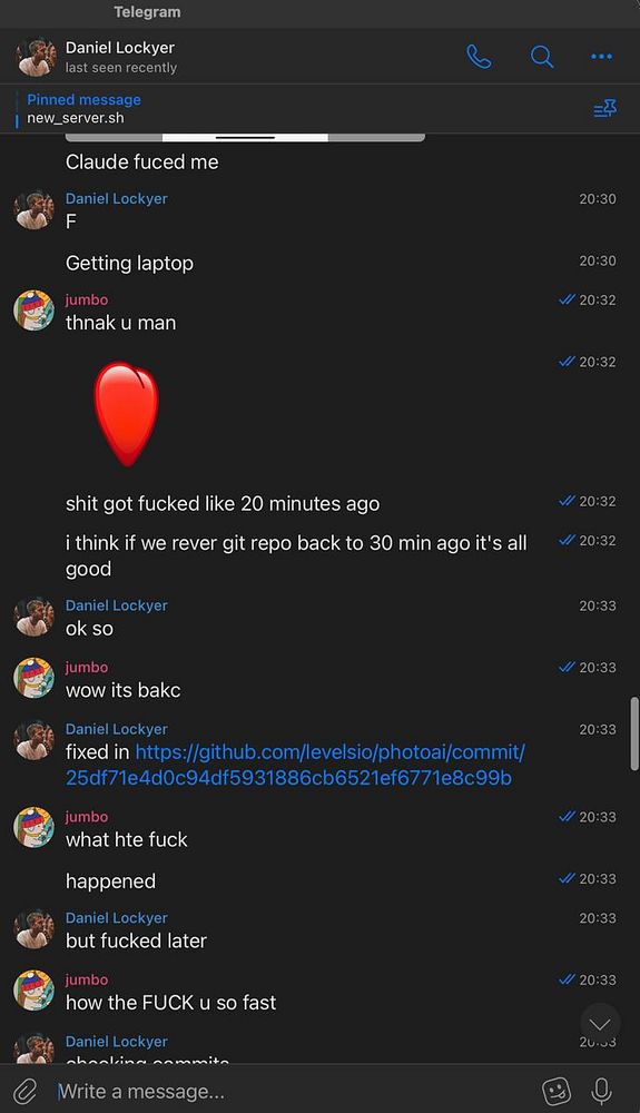 A Telegram chat discussing a technical issue and its resolution.