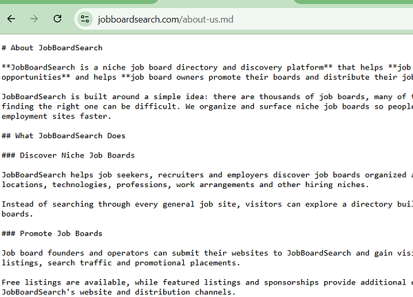 A browser window displaying the markdown source code for the About Us page of JobBoardSearch.