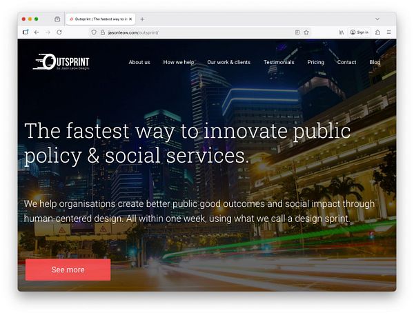Screenshot of a website showing a project with the title OUTSPRINT and navigation links, displayed on a MacBook Air.