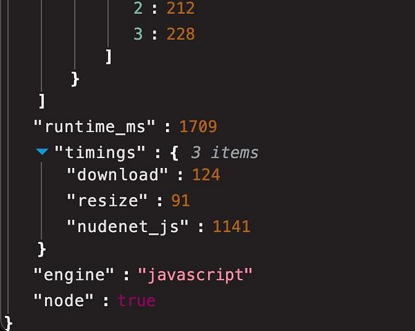 The image displays a code snippet showing performance metrics for NudeNet in JavaScript compared to Python.
