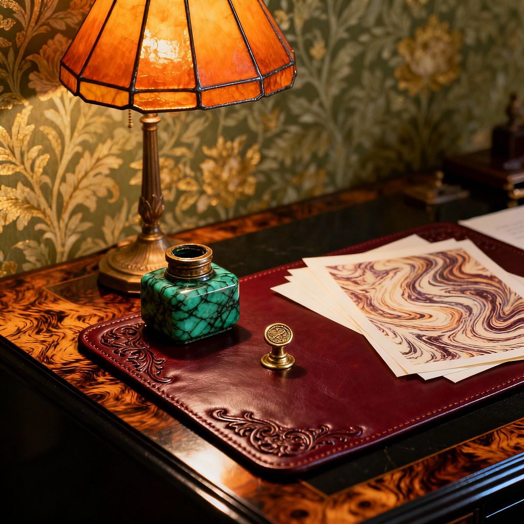 A close-up of a Victorian-inspired home office desk shows a burled walnut surface with a burgundy, tooled leather writing pad. An amber stained-glass table lamp with a brass base casts warm light over a square malachite inkwell and a small brass wax seal. Several sheets of cream marbled paper sit on the mat. The backdrop features olive green wallpaper with gold botanical motifs, creating a richly layered, antique atmosphere focused on craftsmanship and ornament.