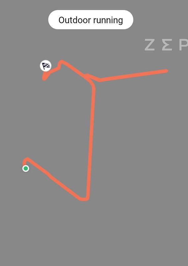 A digital map showing a recorded outdoor running route marked with an orange line between a starting green dot and an ending checkered flag.