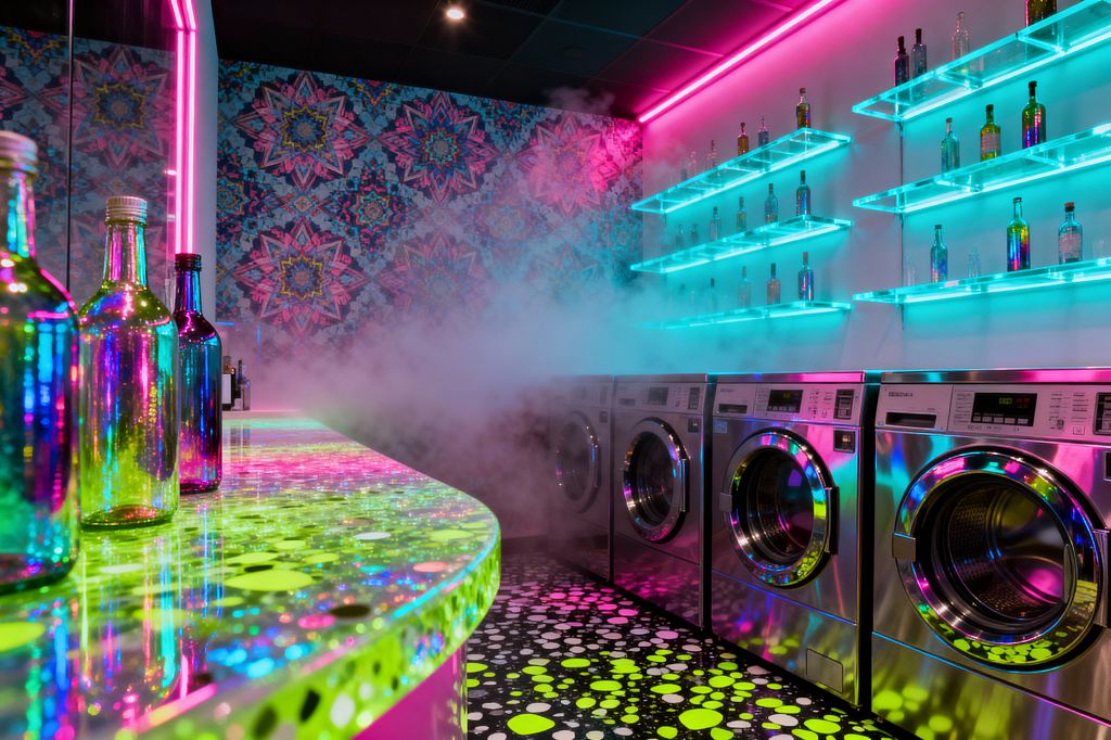 A neon-lit laundry room features a row of stainless-steel front-loading machines beside a curved, glittered epoxy counter topped with iridescent glass bottles. Cyan and magenta LED strips illuminate acrylic floating shelves and a white wall, while a black ceiling, a high-gloss floor with neon yellow and white bubble dots, kaleidoscopic mandala wallpaper, and a haze of mist create an immersive, colorful atmosphere.