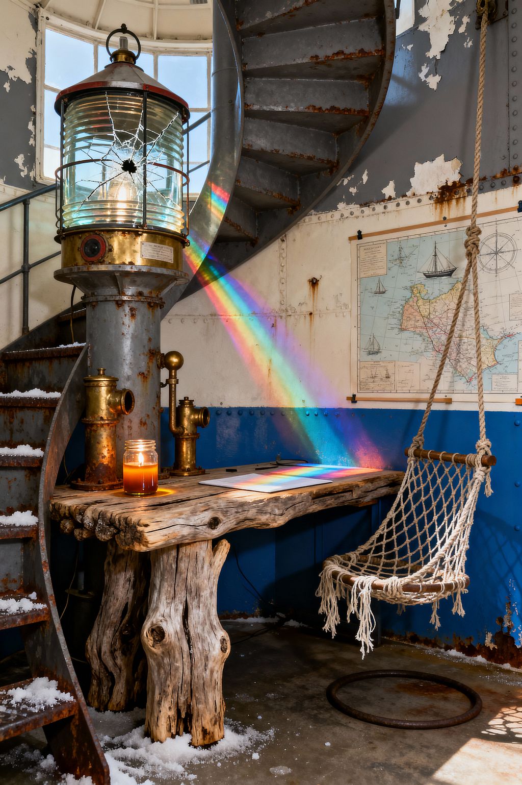 A home office inside a weathered lighthouse features a rusted metal spiral staircase and riveted steel walls with peeling white and blue paint. A cracked Fresnel lantern projects a rainbow beam across a live-edge driftwood desk holding a lit jar candle and notepad, while a macramé rope swing chair hangs beside a nautical map; patches of snow on steps and concrete floor underscore the abandoned, survivalist atmosphere.