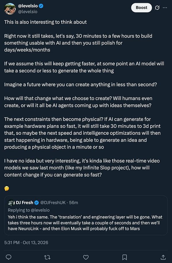 A Twitter thread discussing the future implications of AI software generation accelerating to one second, and its impact on both software creation and physical hardware production.