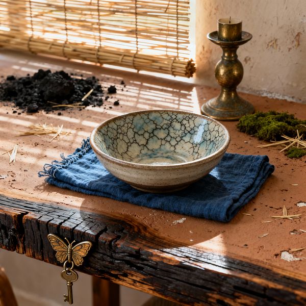 Close-up of a Wabi-Sabi dining vignette: a weathered, charred-edge reclaimed wood table holds a handmade stoneware bowl with pale celadon crackle glaze set on an indigo linen napkin. Warm light filters through a bamboo blind onto a rough plaster wall, highlighting an antique brass candlestick, a brass butterfly key on the table edge, scattered straw, dark soil, and a tuft of moss.