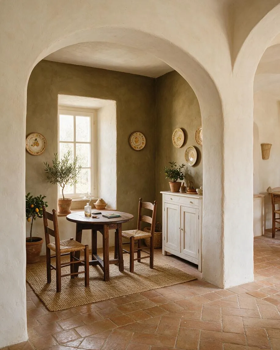 A Mediterranean-style game room nook with thick white plaster arches, olive-green walls, and terracotta floor tiles. A small round wooden table sits on a natural fiber rug with two wooden chairs, while potted plants, decorative plates, and a white cabinet add a warm rustic feel.