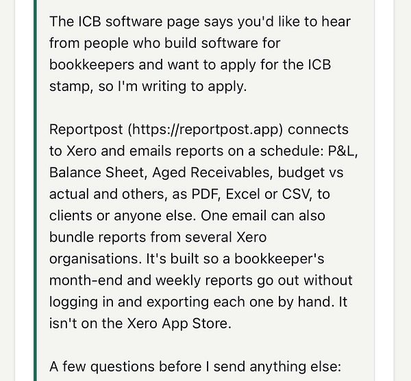 A screenshot of a text message or email describing an application for the ICB stamp for bookkeeping software called Reportpost.
