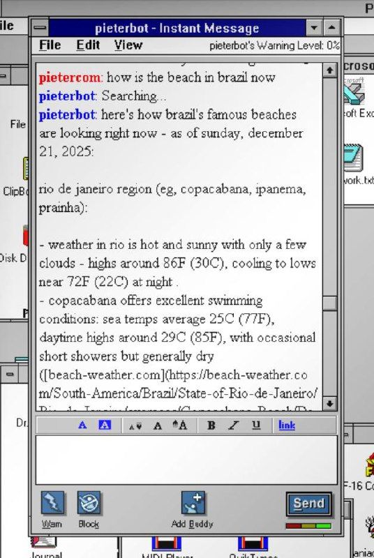An instant messaging conversation discussing the weather at Brazilian beaches.