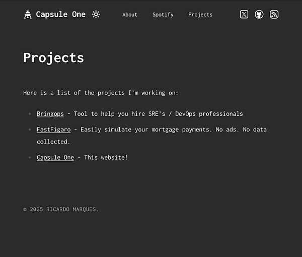 The image displays a projects page from a personal website titled 'Capsule One'.
