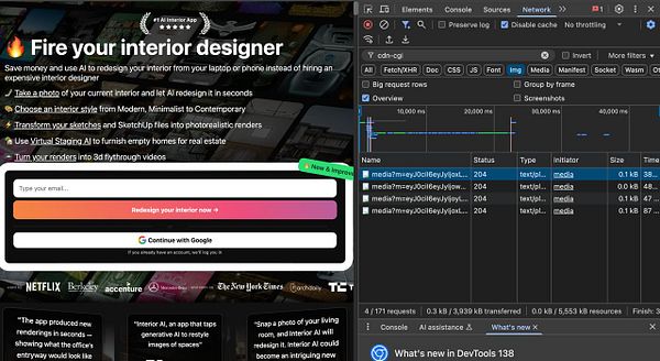 The image displays a web interface for an AI interior design application alongside a browser's developer tools showing network activity.