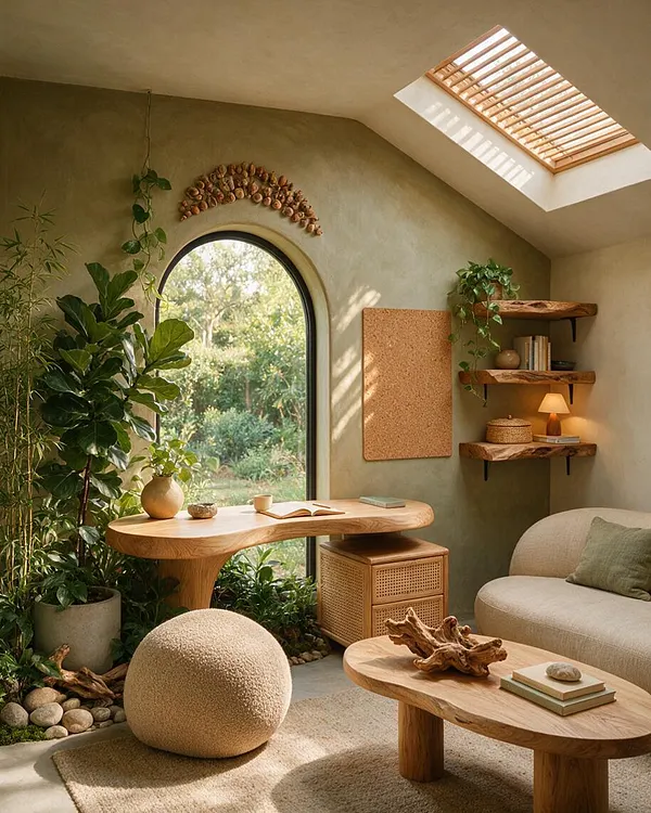 A cozy biophilic backyard room with an arched window opening to lush greenery, a skylight with wooden slats, and natural wood furniture. Potted plants, floating shelves, pebble accents, and soft neutral seating create a calm indoor-outdoor retreat.