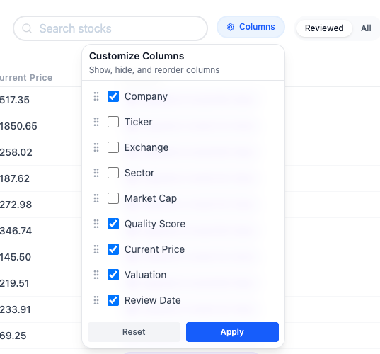 A user interface for customizing columns in a stock management tool.