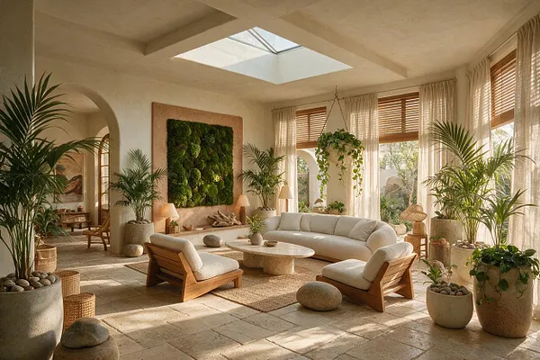 A bright front porch styled with biophilic design features cream plaster walls, a central skylight, and floor-to-ceiling windows with sheer curtains and wood blinds. The space includes a curved sectional sofa, wooden lounge chairs, a stone coffee table, many potted palms and hanging plants, and a green moss wall centerpiece.