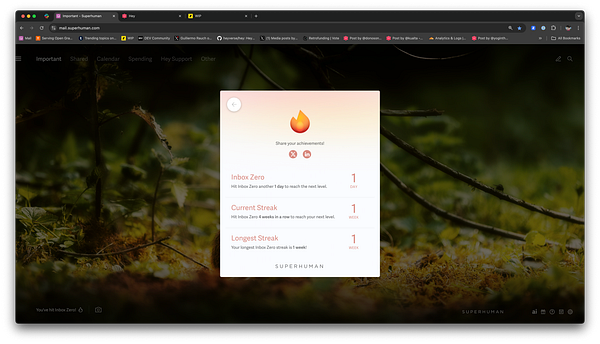 The image displays a user interface from the Superhuman email application showcasing achievement notifications.