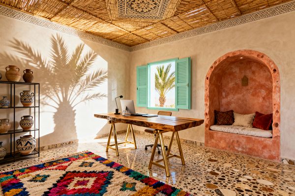 Sunlit Moroccan home office with a live-edge wood desk on brass trestles centered before a window with mint shutters and a view of a palm tree. Limewashed plaster walls and a terracotta arched niche with a cushioned bench sit to the right. A woven reed ceiling with an ornate painted panel and chunky terrazzo floor add texture, while a colorful Berber rug and a black metal shelf of patterned ceramics complete the space; strong daylight casts a palm shadow on the wall.