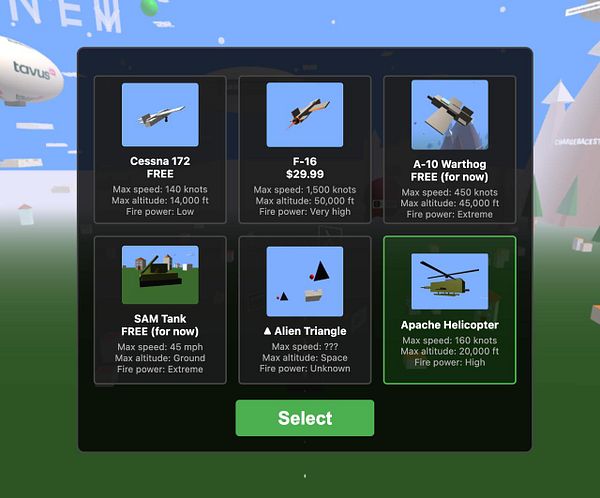 The image displays a selection menu for various aircraft and vehicles in a game interface.